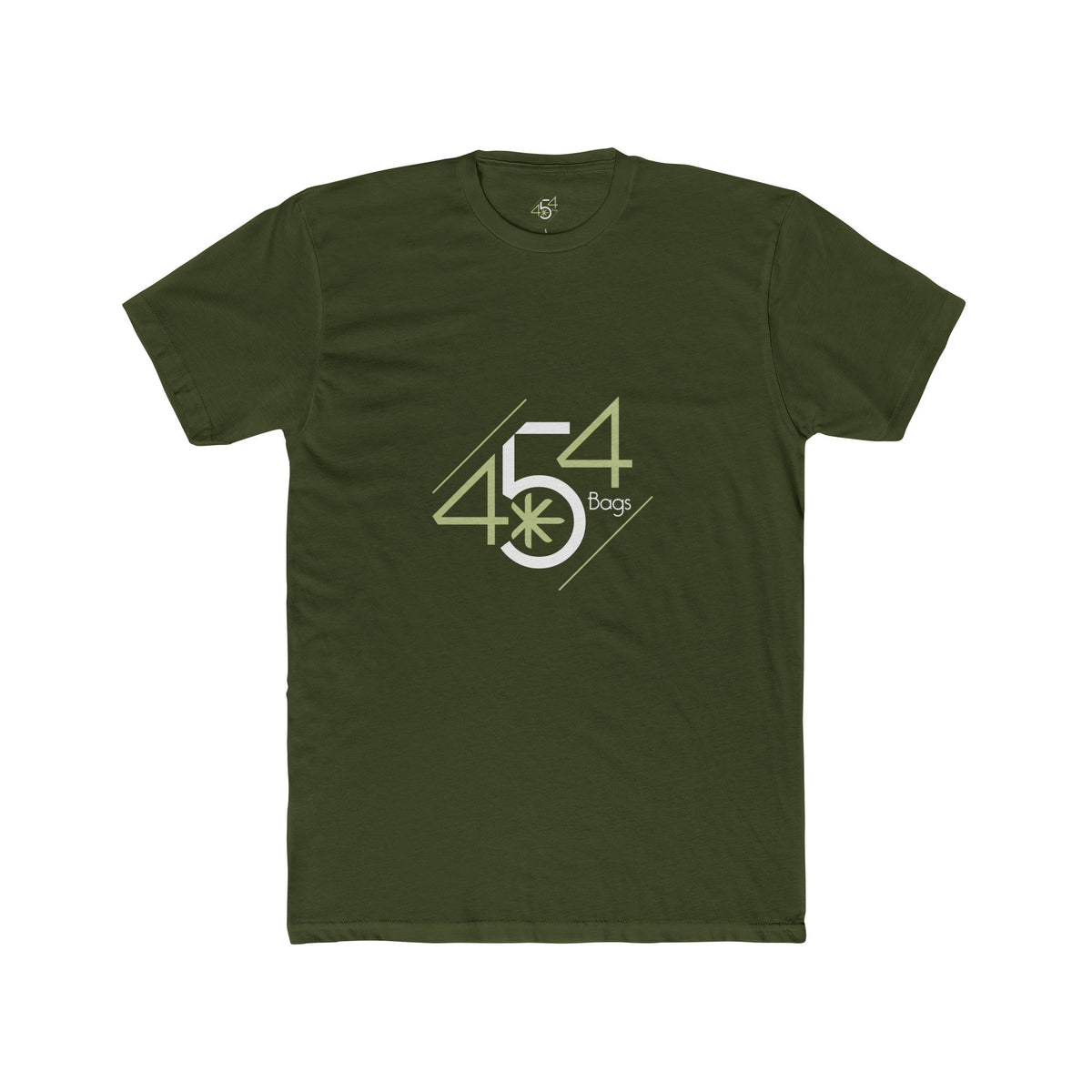 Front view of an olive green T-shirt with the 454 Bags logo.