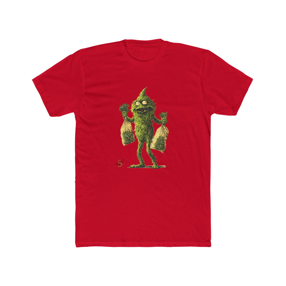 Front view of a red T-shirt with the 454 Bags Nugsie Monster character graphic.