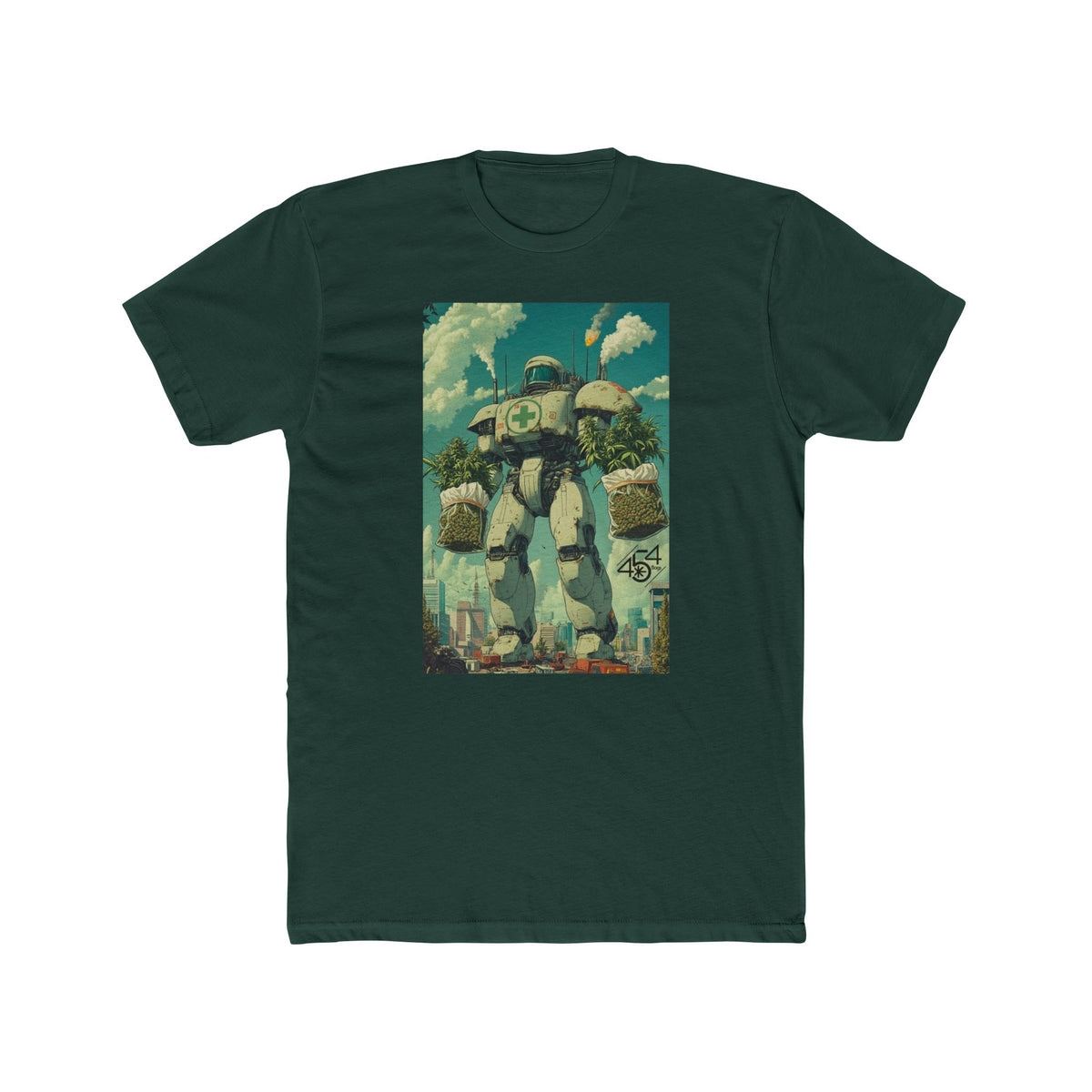 Front view of a forest green T-shirt with the 454 Bags Robo Bags robot harvest graphic.