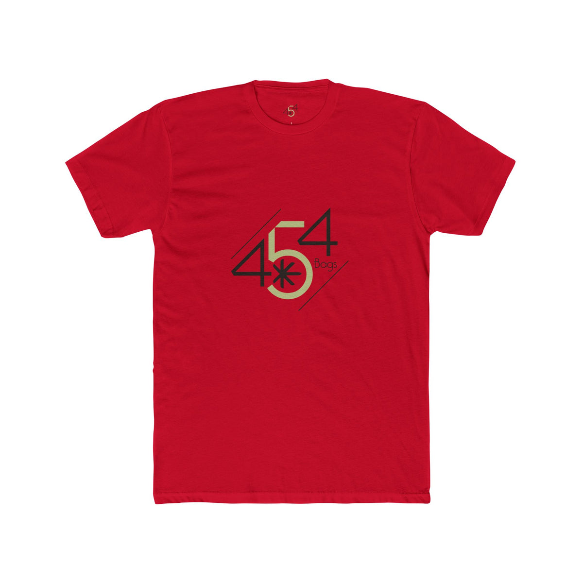 Front view of a red 454 Bags T-shirt. 454 Bags logo centered on the chest.