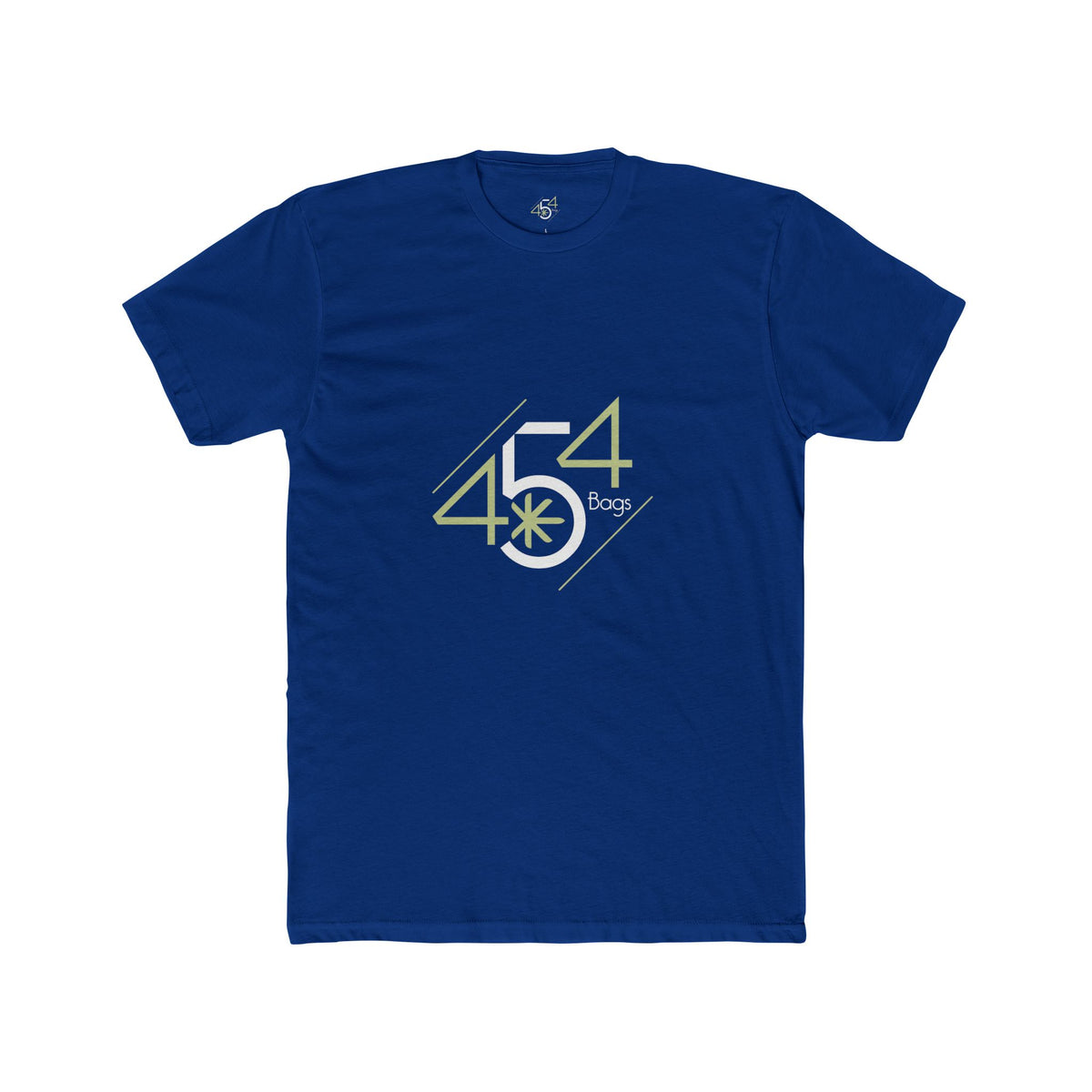 Front view of a royal blue T-shirt with the 454 Bags logo.