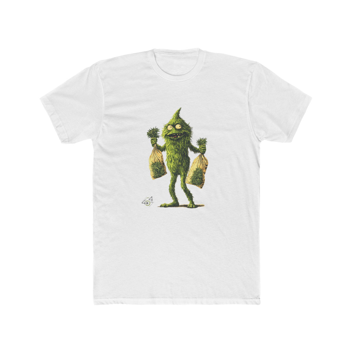 Front view of a white T-shirt with the 454 Bags Nugsie Monster character graphic.