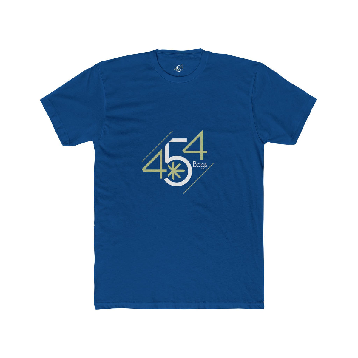 Front view of a blue T-shirt with the 454 Bags logo.
