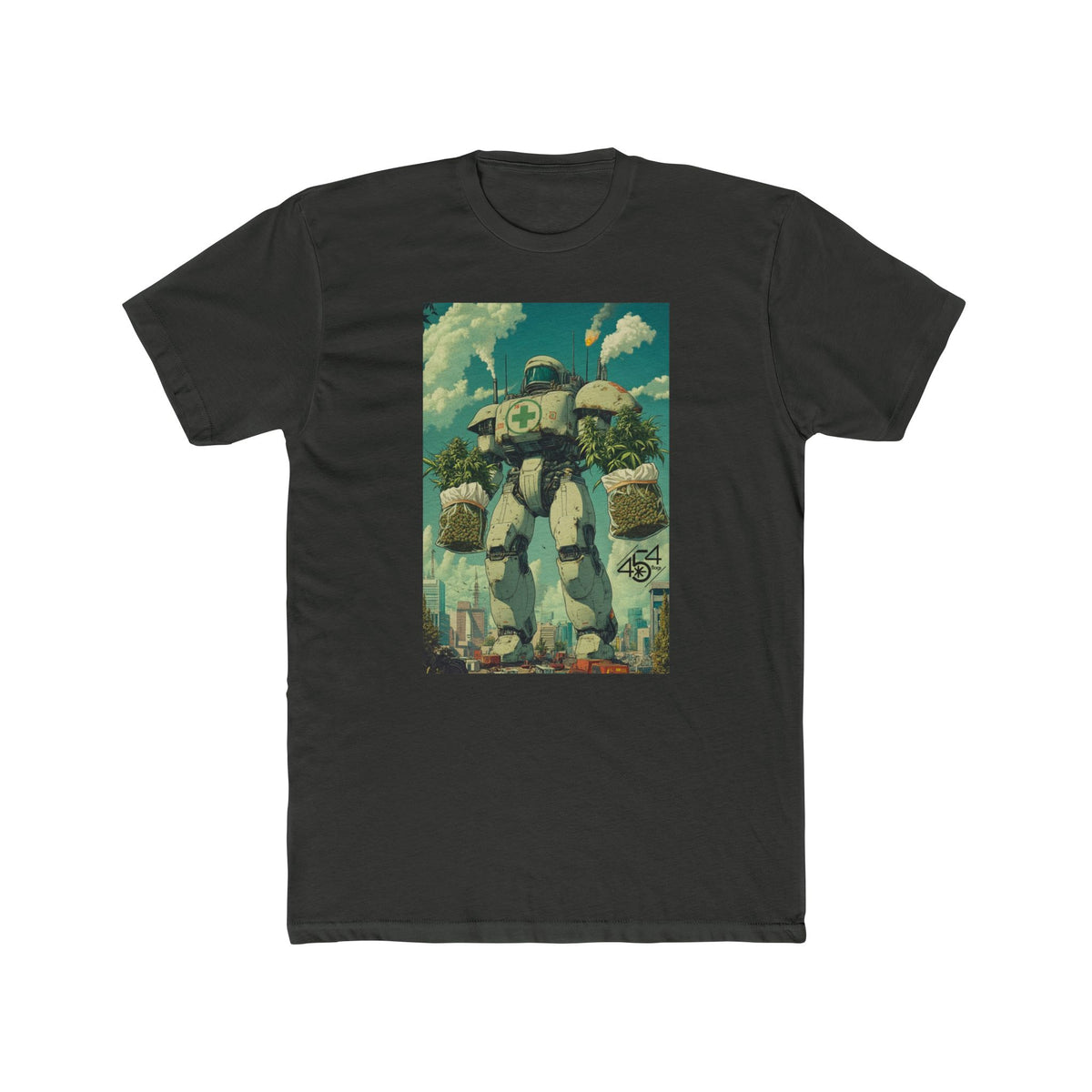 Front view of a charcoal T-shirt with the 454 Bags Robo Bags robot harvest graphic.