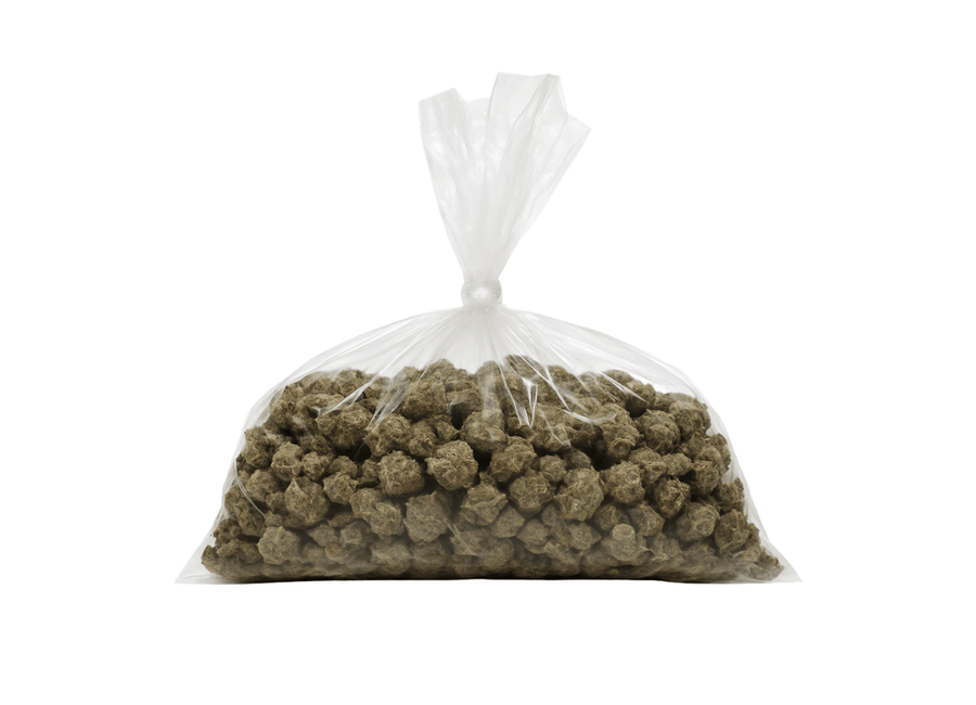 Clear storage bag filled with dried cannabis