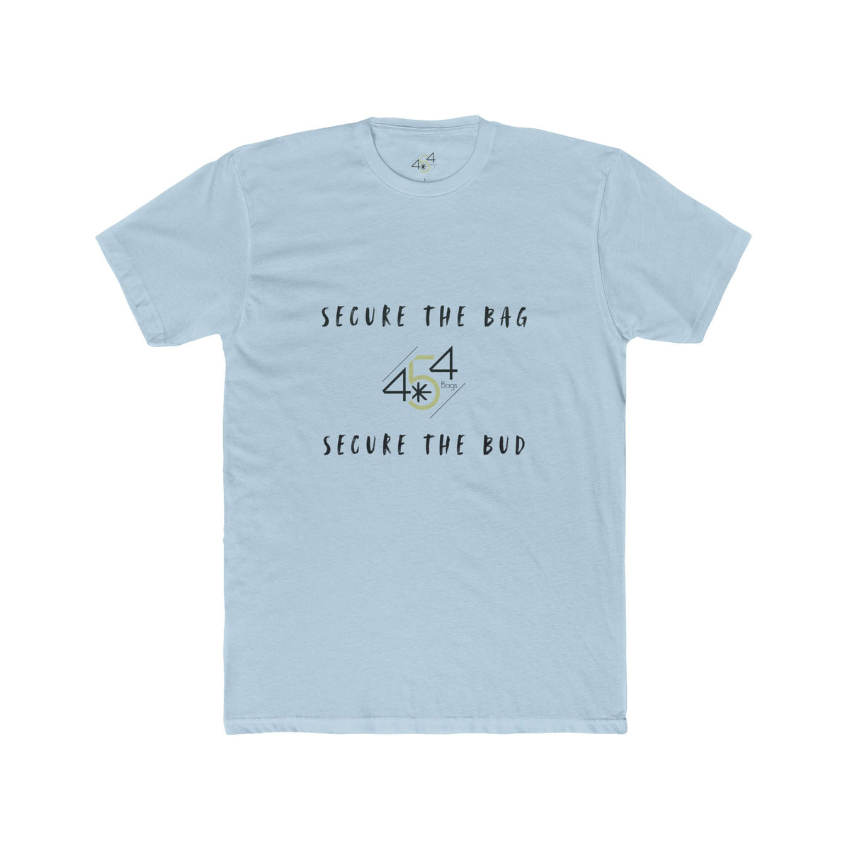 Front view of a light blue 454 Bags T-shirt. Secure the Bag lettering and 454 Bags logo.