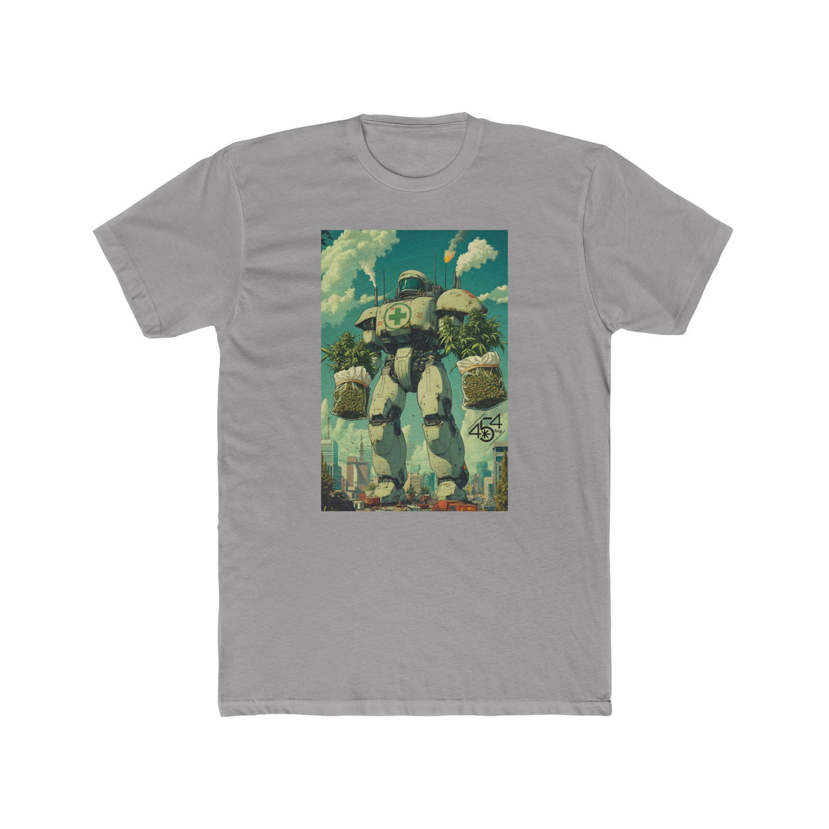 Front view of a gray T-shirt with the 454 Bags Robo Bags robot harvest graphic.