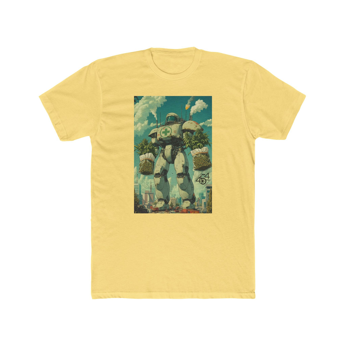 Front view of a yellow T-shirt with the 454 Bags Robo Bags robot harvest graphic.