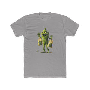 Gray T-shirt with green monster graphic holding bags of cannabis, 454 Bags branding.