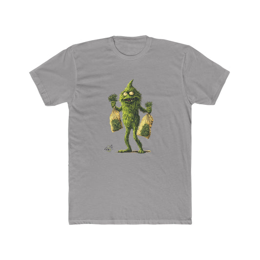 Gray T-shirt with green monster graphic holding bags of cannabis, 454 Bags branding.