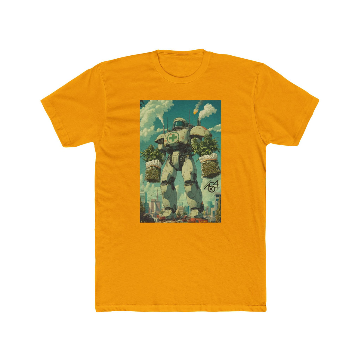Front view of a gold T-shirt with the 454 Bags Robo Bags robot harvest graphic.