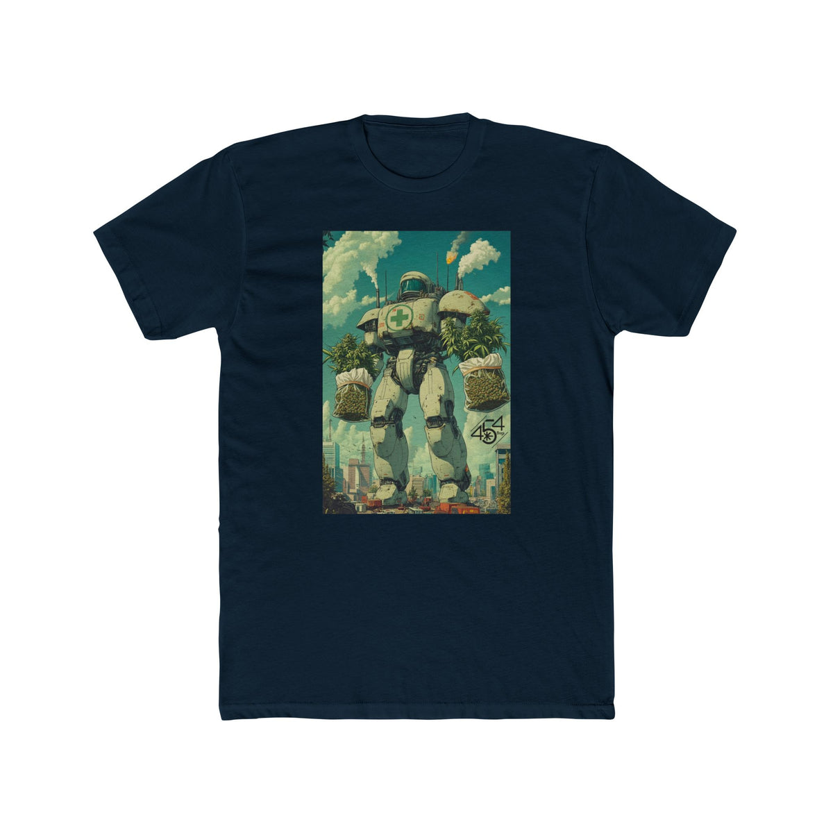 Front view of a navy T-shirt with the 454 Bags Robo Bags robot harvest graphic.
