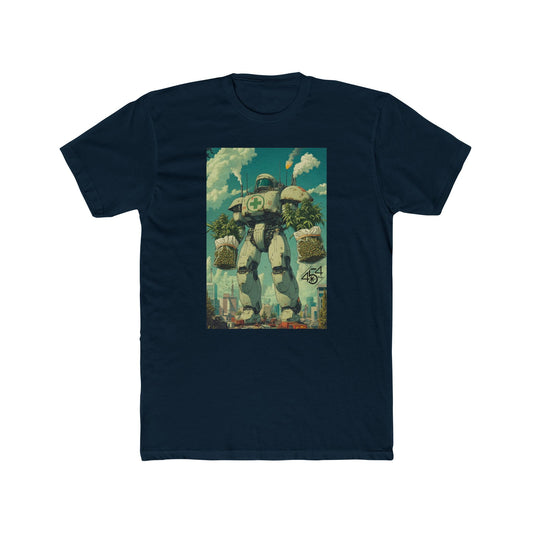 Navy T-shirt with robot graphic carrying cannabis bags, featuring 454 Bags logo