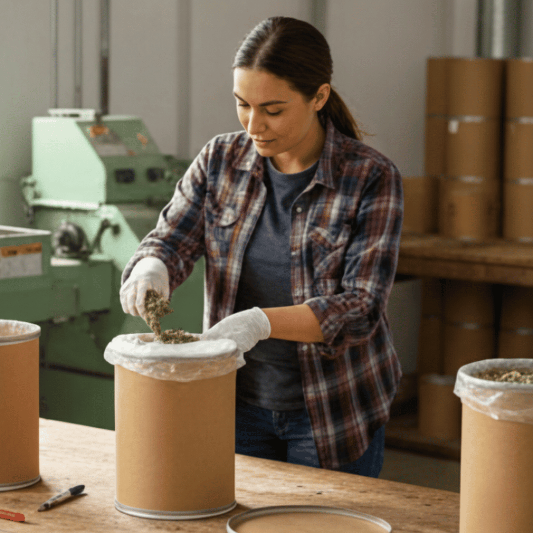 Person packaging materials in a warehouse setting