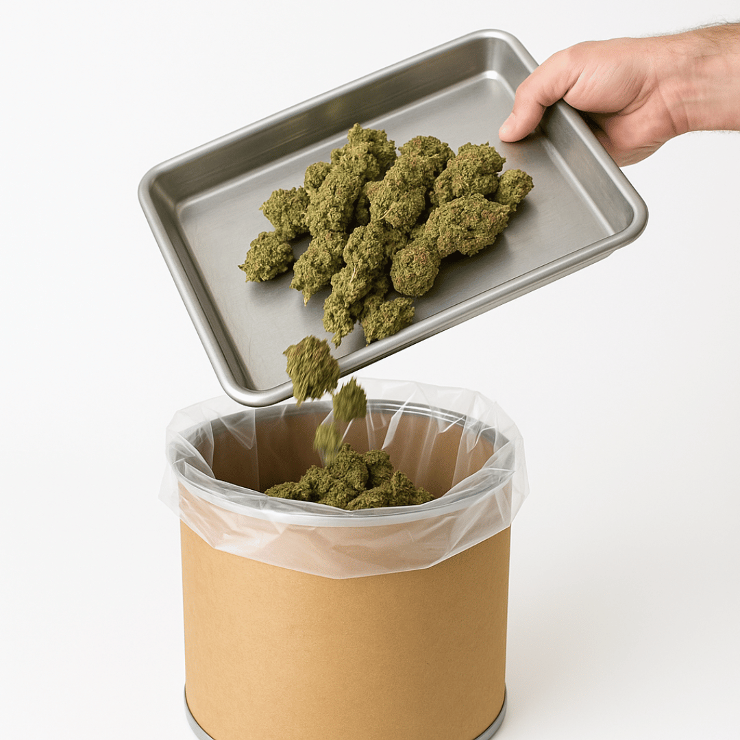Hand transferring cannabis buds from a tray into a trash can with a white bag.