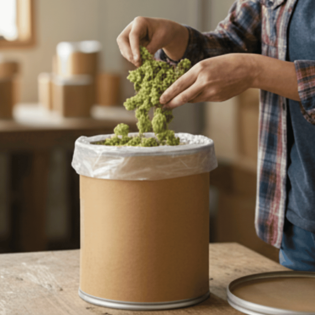 Person arranging green plants in a cardboard tube with a blurred indoor background