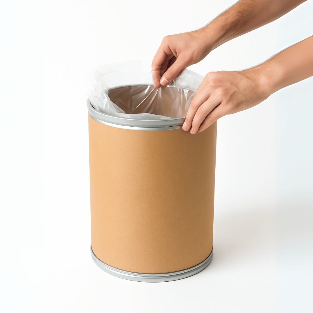 Person putting a trash bag into a beige trash can on a white background
