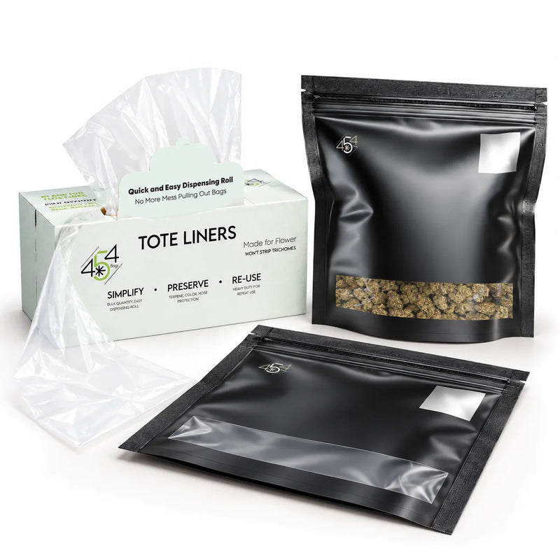 454 Bags tote liner and CurePak bundle with a liner dispenser, clear liner and filled and empty black pouches