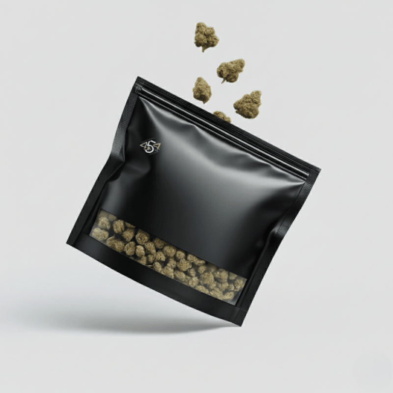 Dried cannabis buds above an open black 454 Bags CurePak storage pouch