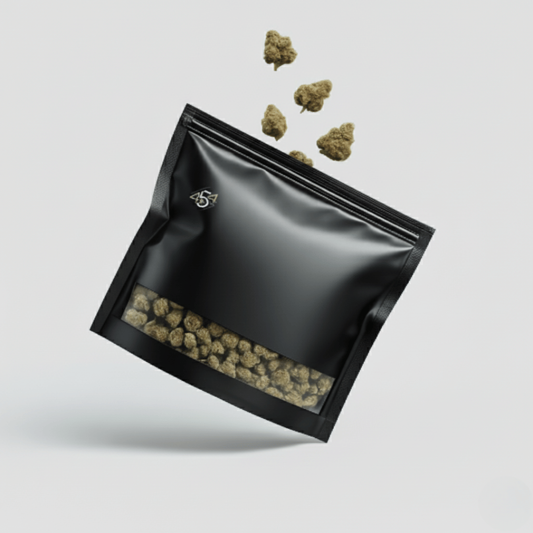 Dried cannabis buds above an open black 454 Bags CurePak storage pouch