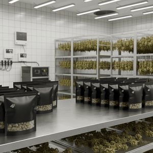 Indoor cannabis cultivation facility with plants and packaging on a table.