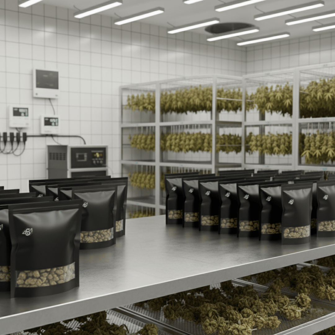 Indoor cannabis cultivation facility with plants and packaging on a table.