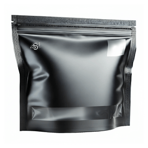 Black reflective packaging bag with a brand logo on a white background