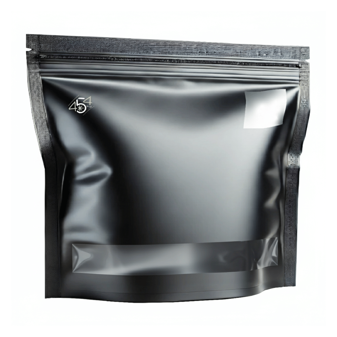 Black reflective packaging bag with a brand logo on a white background