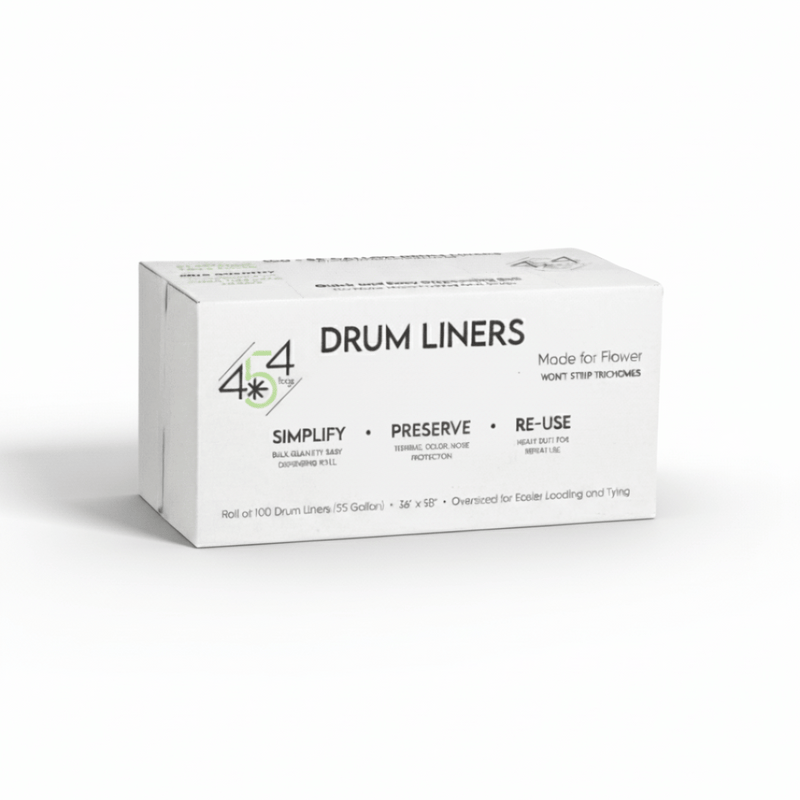 454 Bags cannabis drum liners in a branded dispenser box