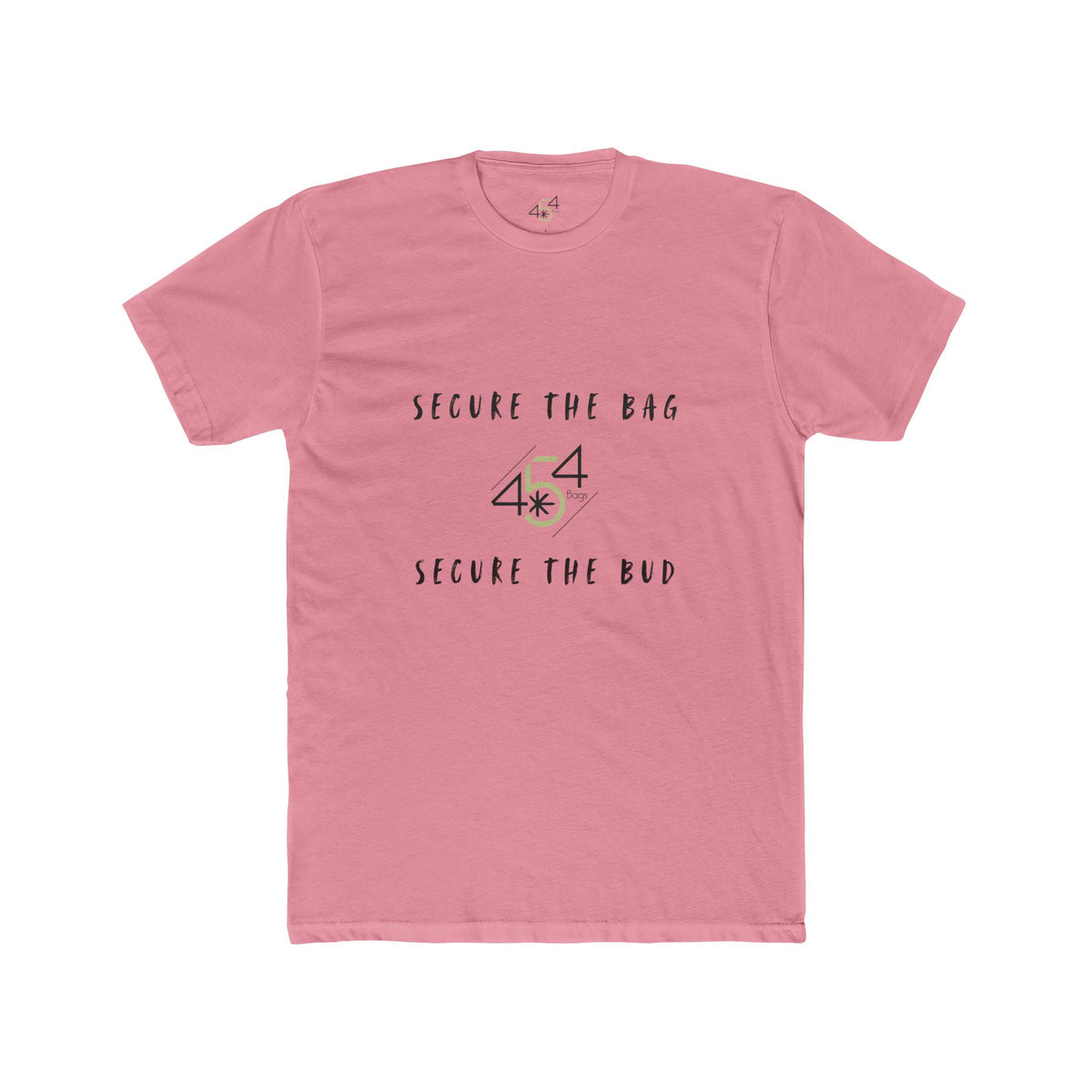 Front view of a pink 454 Bags T-shirt. Secure the Bag lettering and 454 Bags logo.