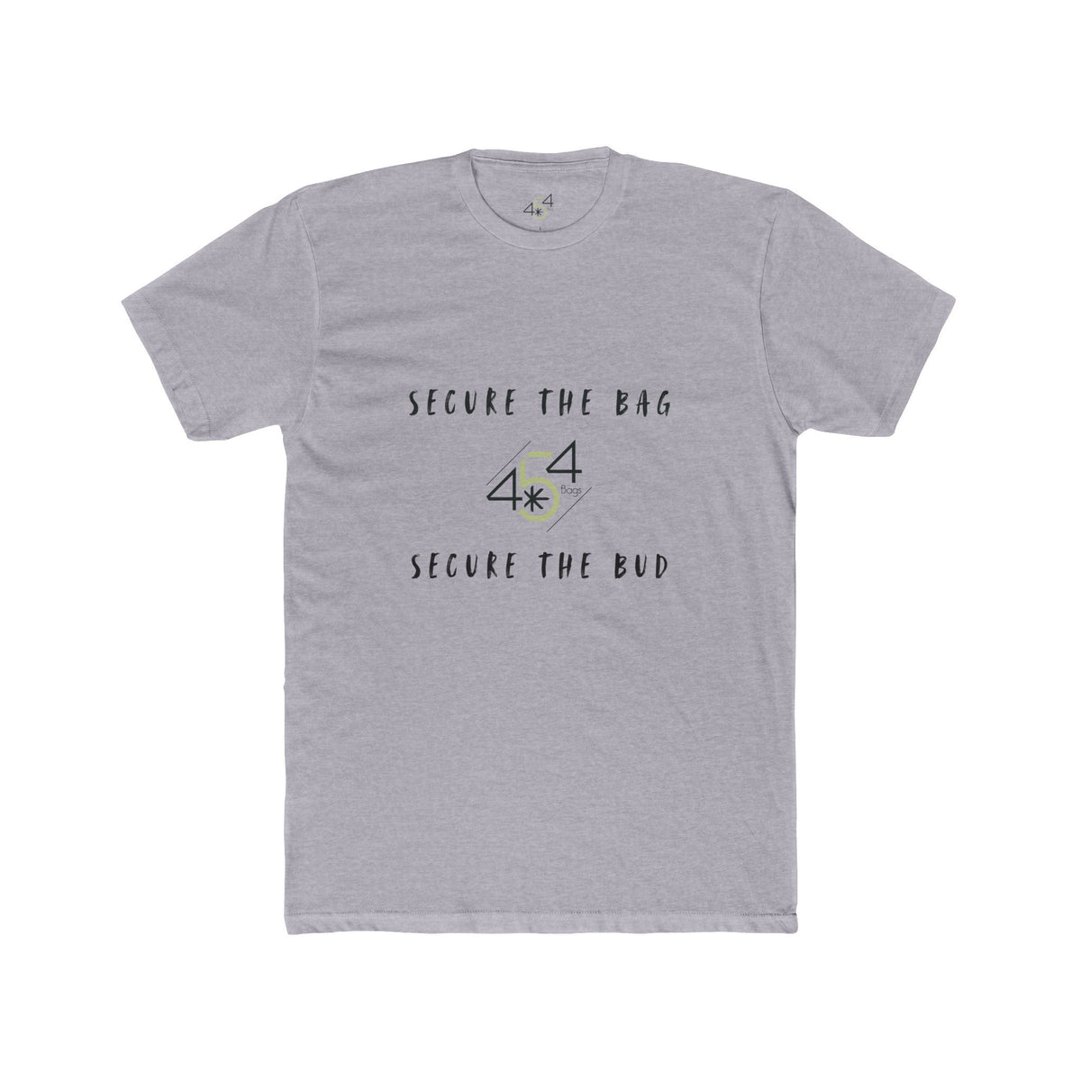 Front view of a gray 454 Bags T-shirt. Secure the Bag lettering and 454 Bags logo.
