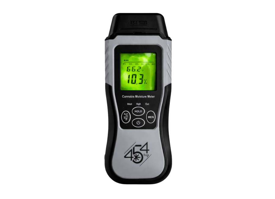 Front of 454 Bags moisture meter with illuminated display