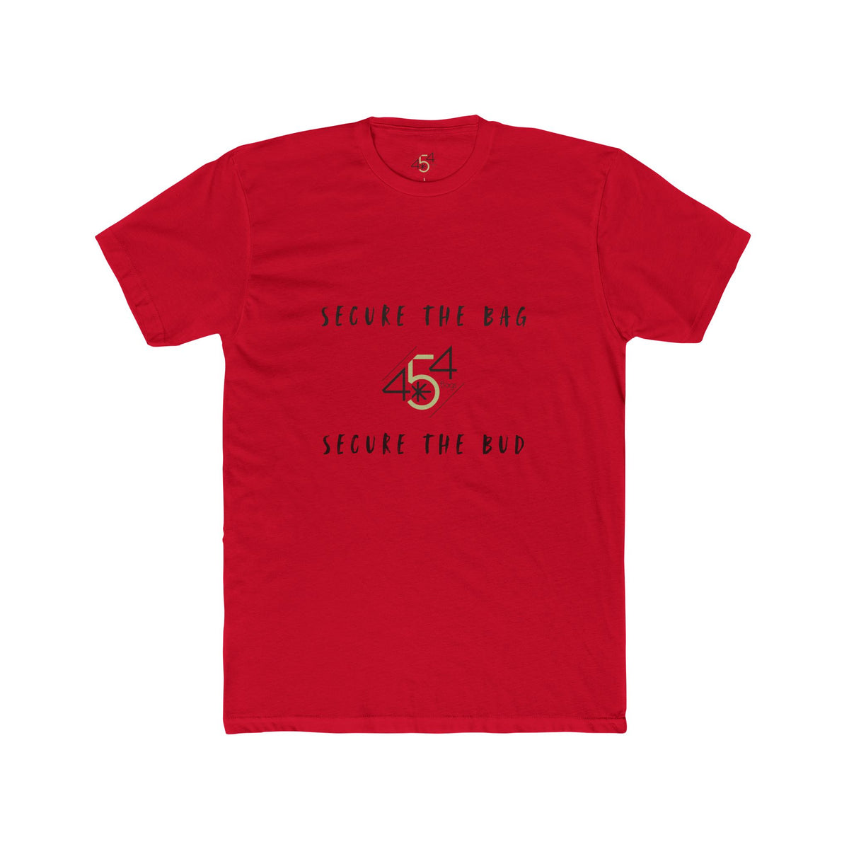 Front view of a red 454 Bags T-shirt. Secure the Bag lettering and 454 Bags logo.
