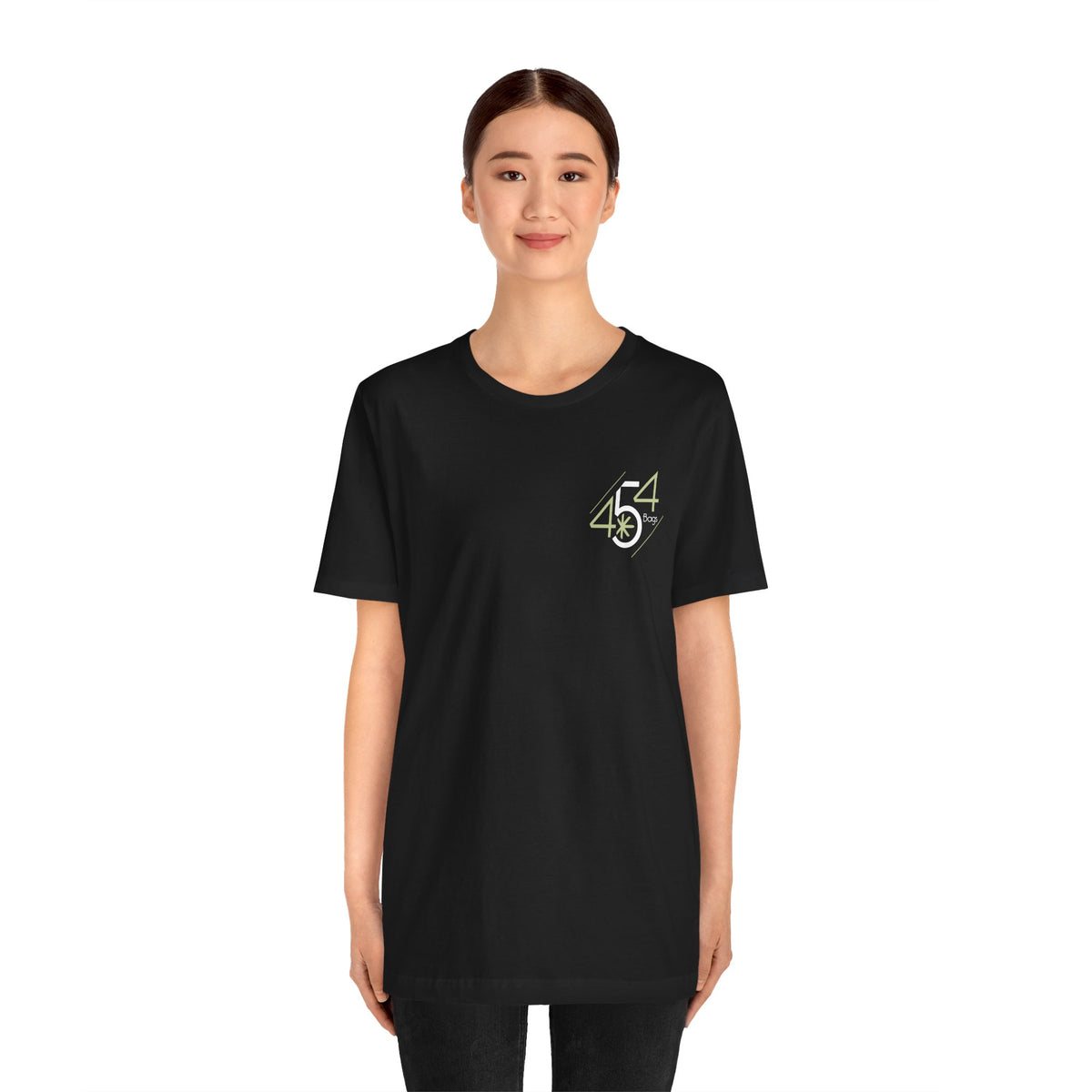 Woman wearing black 454 Bags logo T-shirt