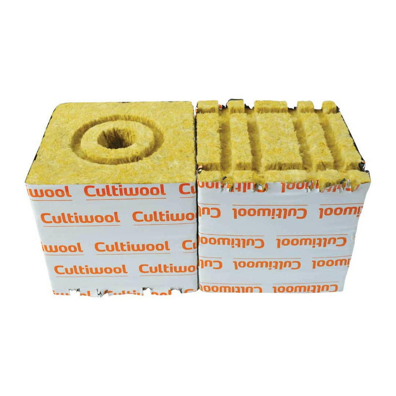 Cultiwool rockwool grow cubes showing donut-ring planting holes and bottom grooves
