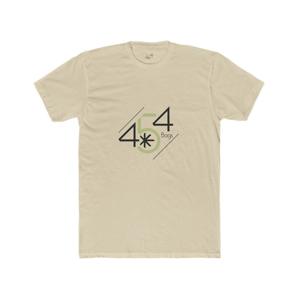 Front view of a sand 454 Bags T-shirt. 454 Bags logo centered on the chest.