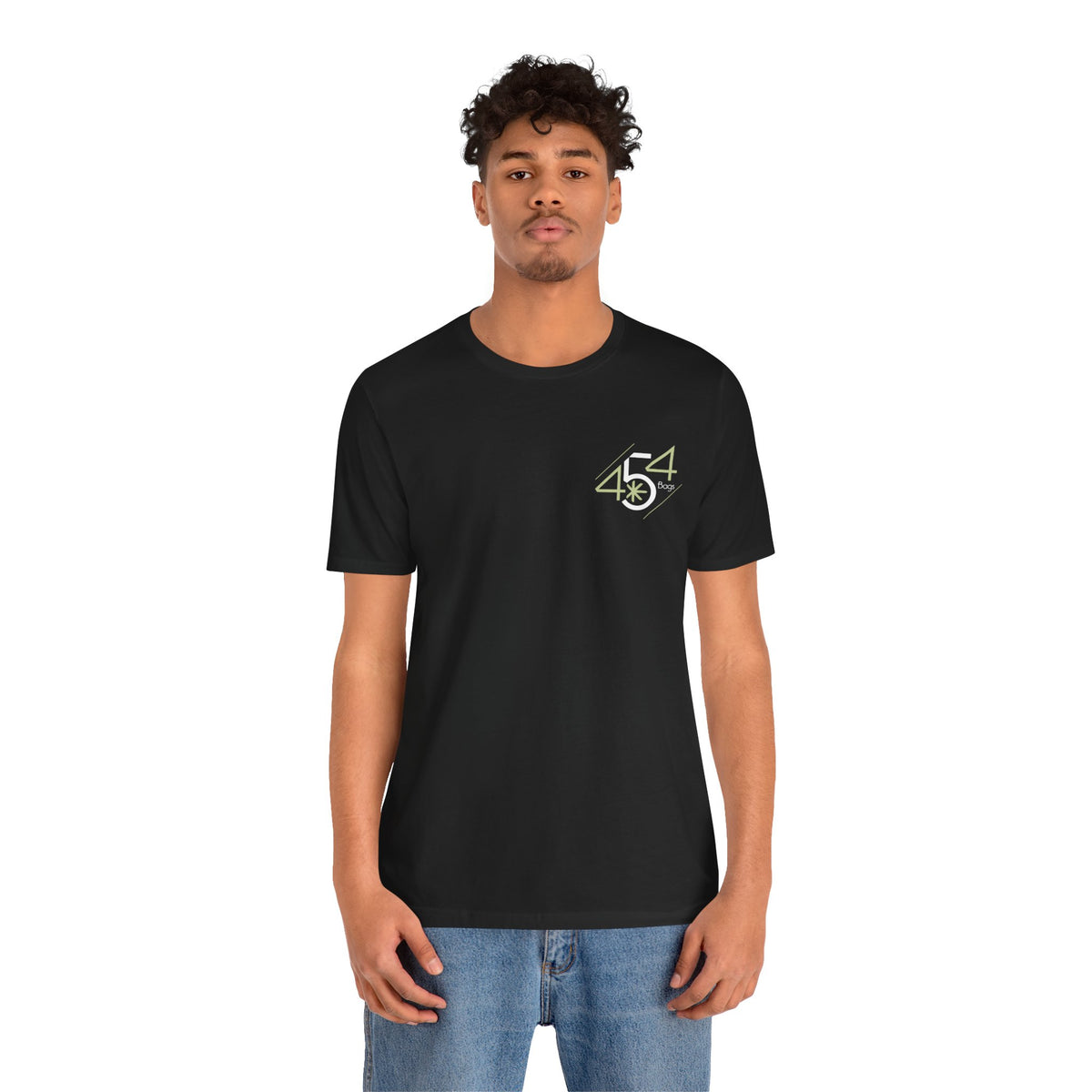 Man wearing black 454 Bags logo T-shirt