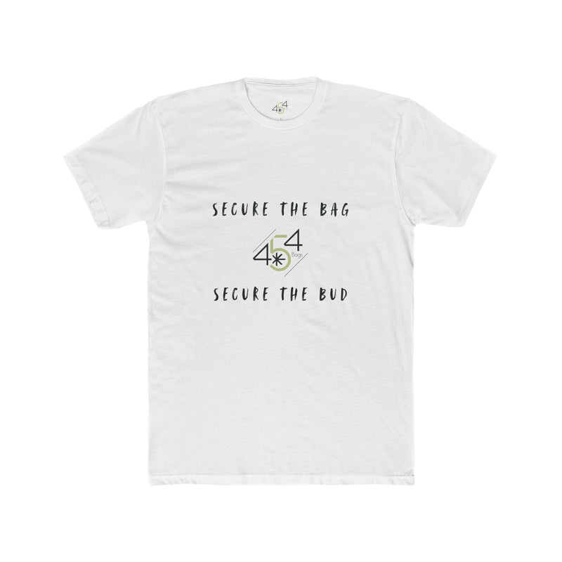 Front view of a white 454 Bags T-shirt. Secure the Bag lettering and 454 Bags logo.