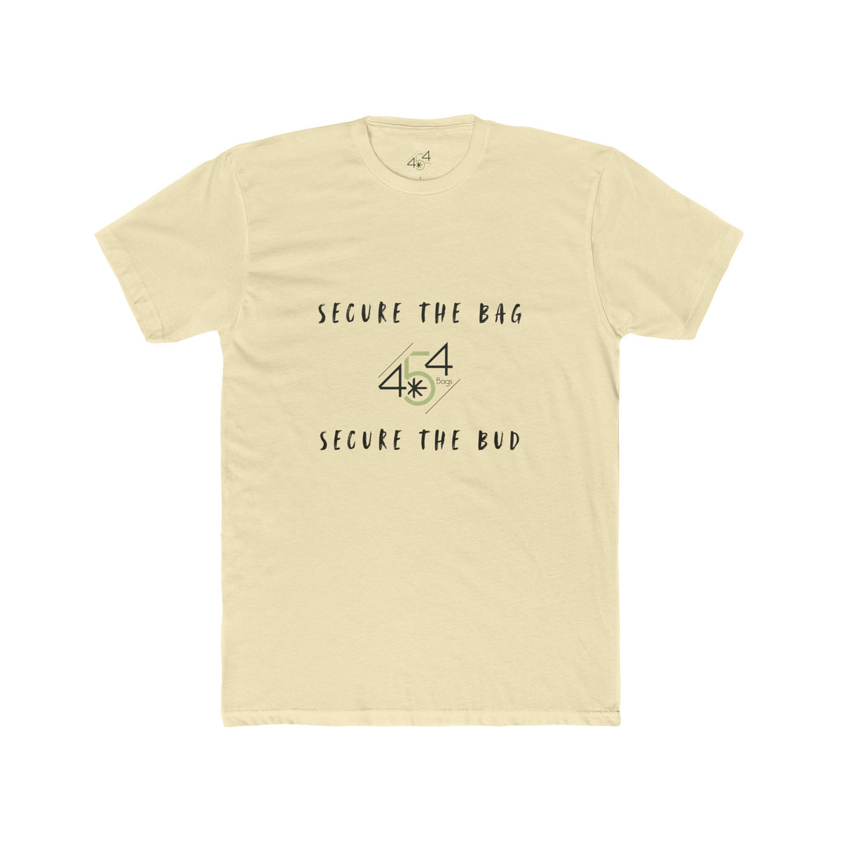 Front view of a pale yellow 454 Bags T-shirt. Secure the Bag lettering and 454 Bags logo.