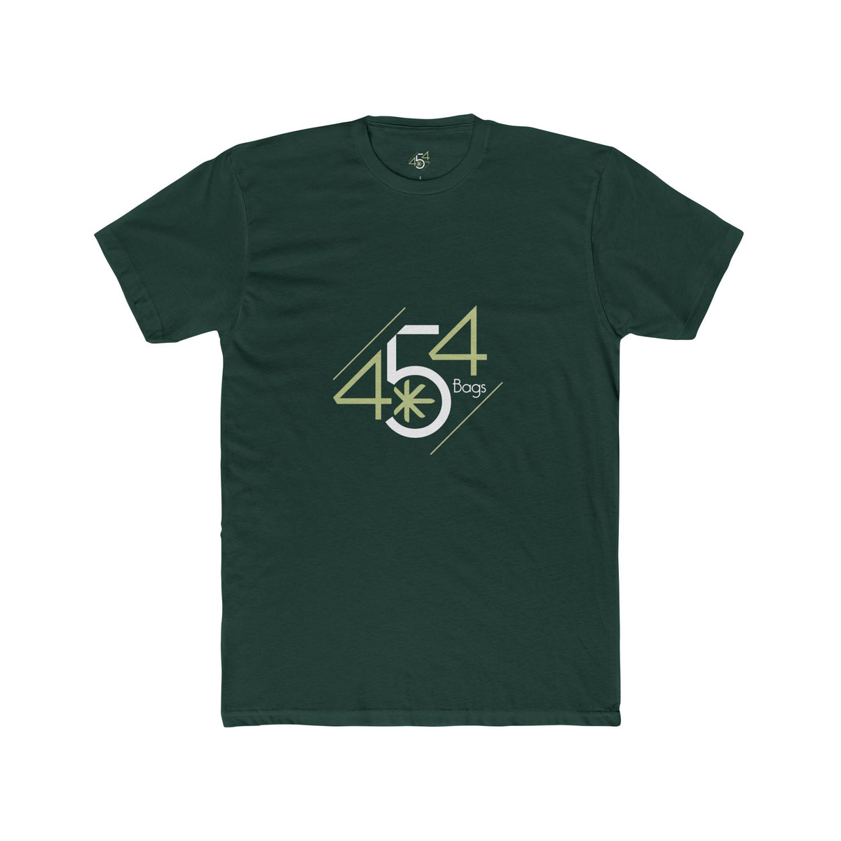 Front view of a forest green T-shirt with the 454 Bags logo.