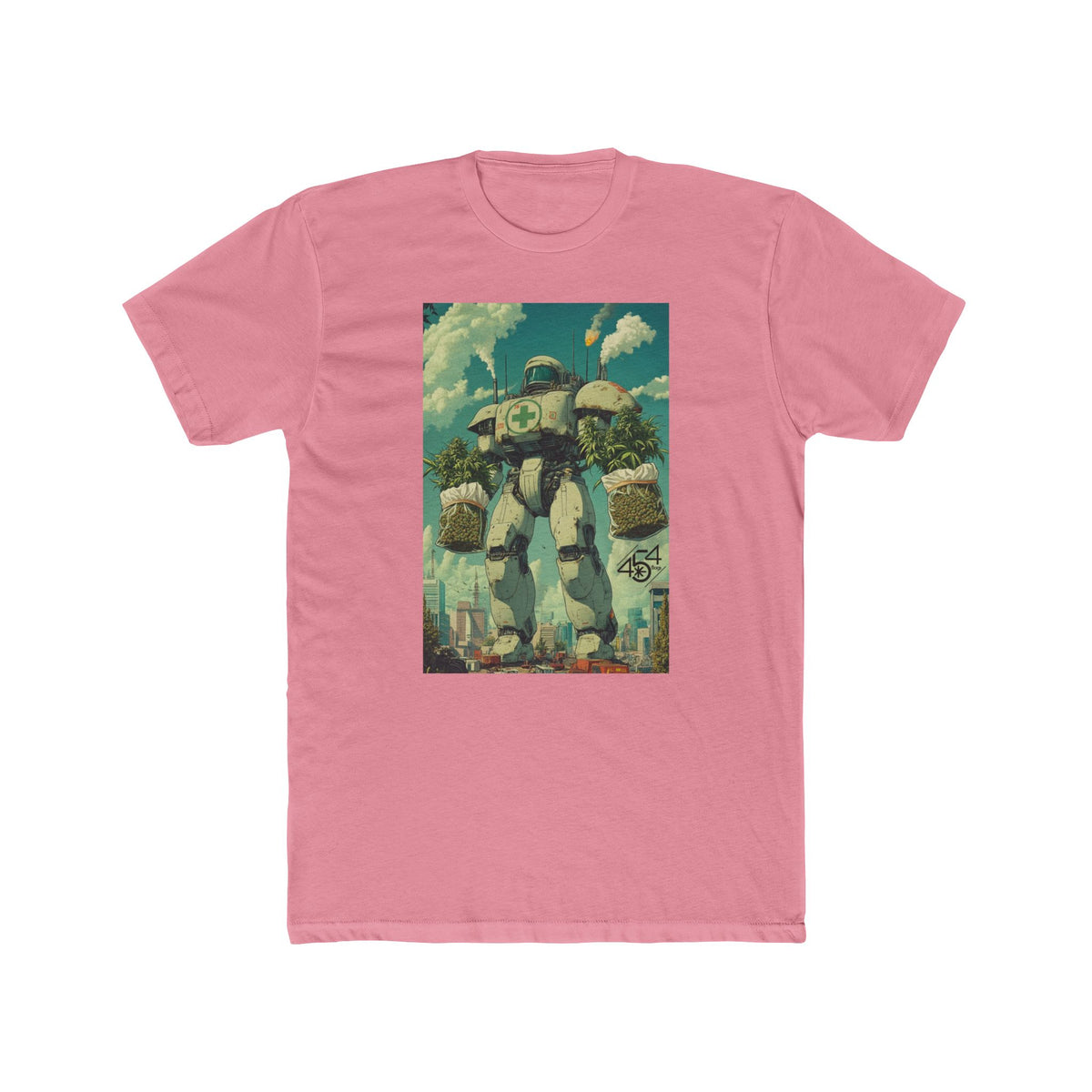 Front view of a pink T-shirt with the 454 Bags Robo Bags robot harvest graphic.