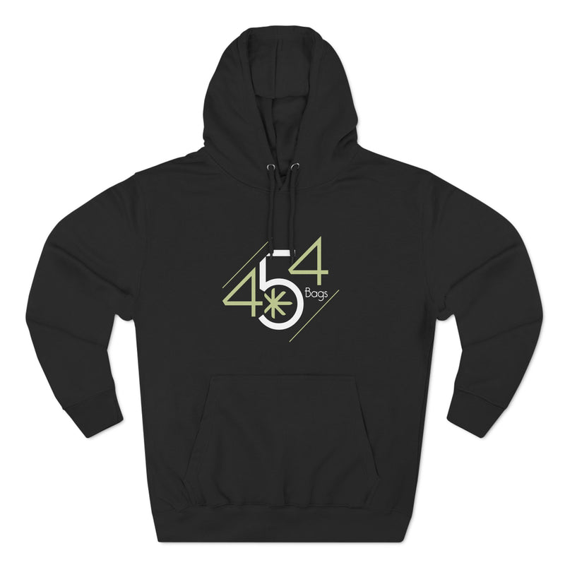 Front view of a black pullover hoodie with the 454 Bags logo.