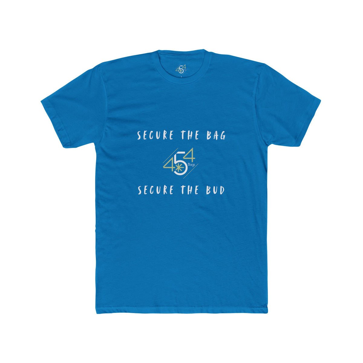 Front view of a blue 454 Bags T-shirt. Secure the Bag lettering and 454 Bags logo.