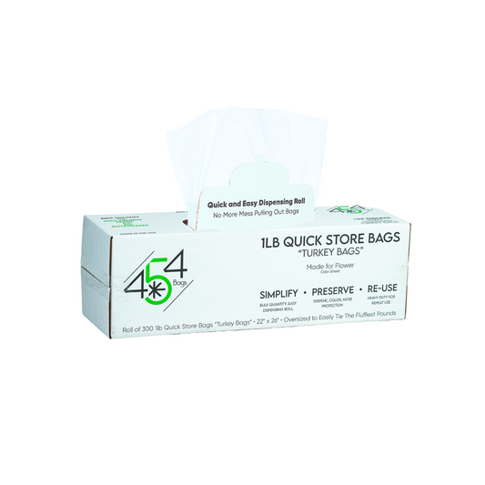 454 Bags' 1lb Quick Store Bags on dispensing roll for flower storage, odor control.