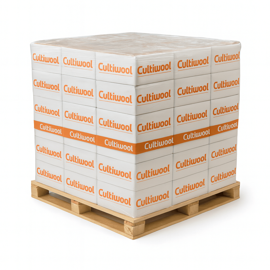 Stack of Cultiwool boxes on a wooden pallet with white background