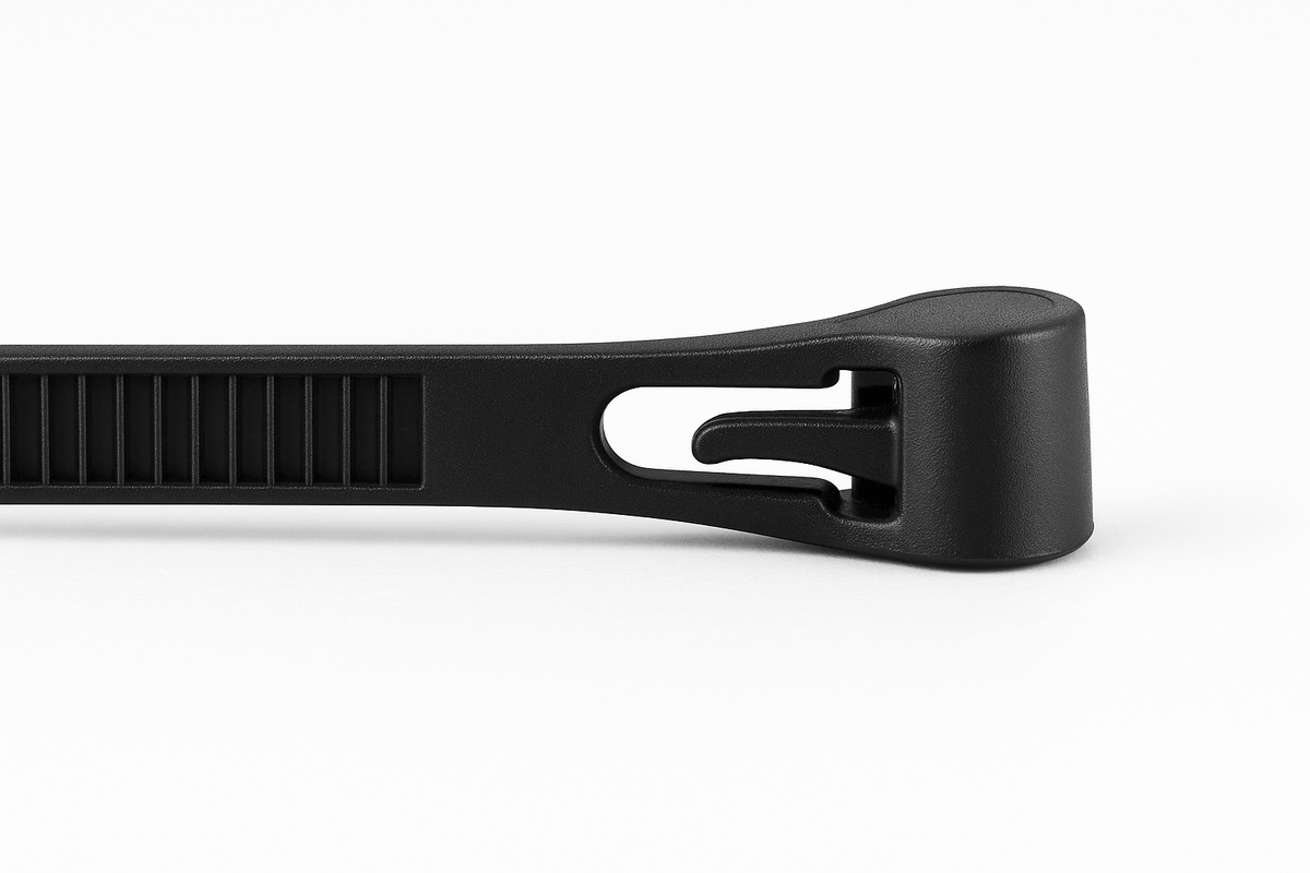 Close-up of the release lever and locking head on a black reusable bag sealing tie