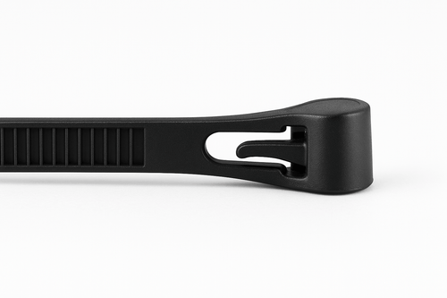 Close-up of the release lever and locking head on a black reusable bag sealing tie