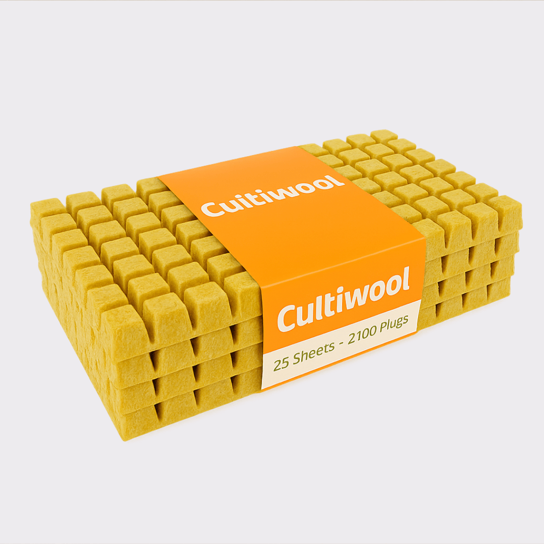 Pack of Cultiwool plant plugs with an orange label on a white background