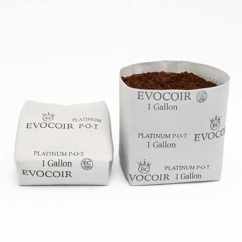 Evocoir Platinum P-O-T one-gallon coco grow bag shown compressed and expanded