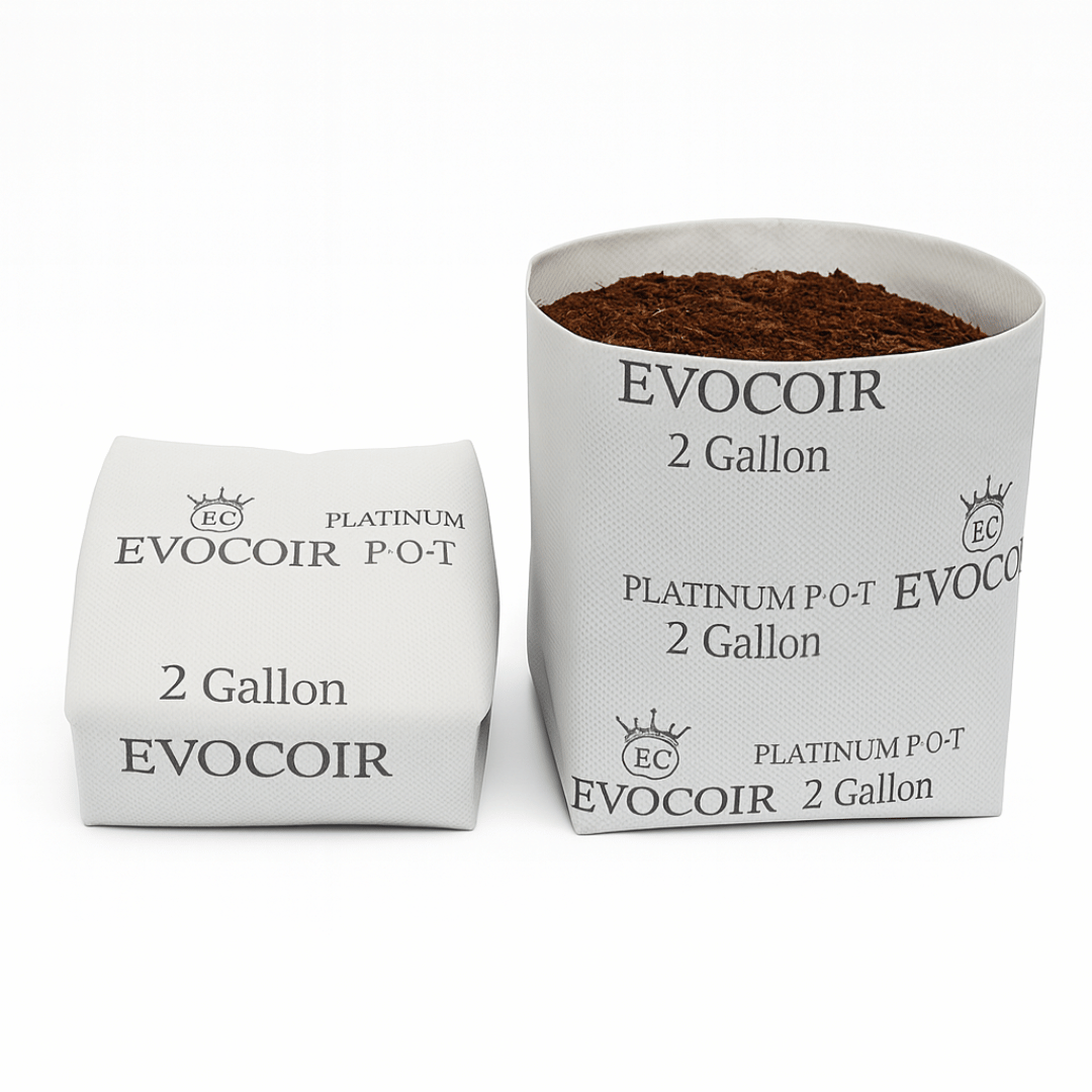 Two 2-gallon EVOCOIR plant pots with soil on a white background